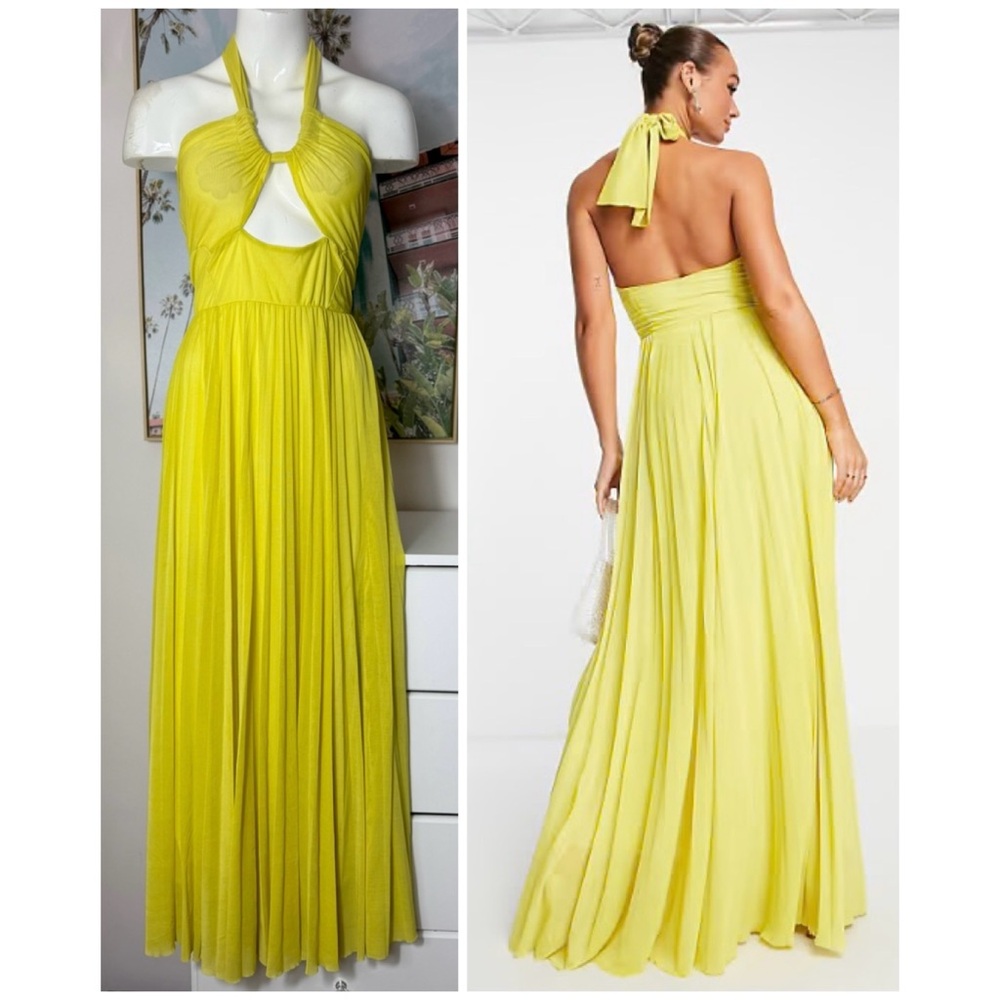 ASOS Design Lime Yellow Halter Pleated Mesh Maxi Gown Cut Out Dress Sz 10